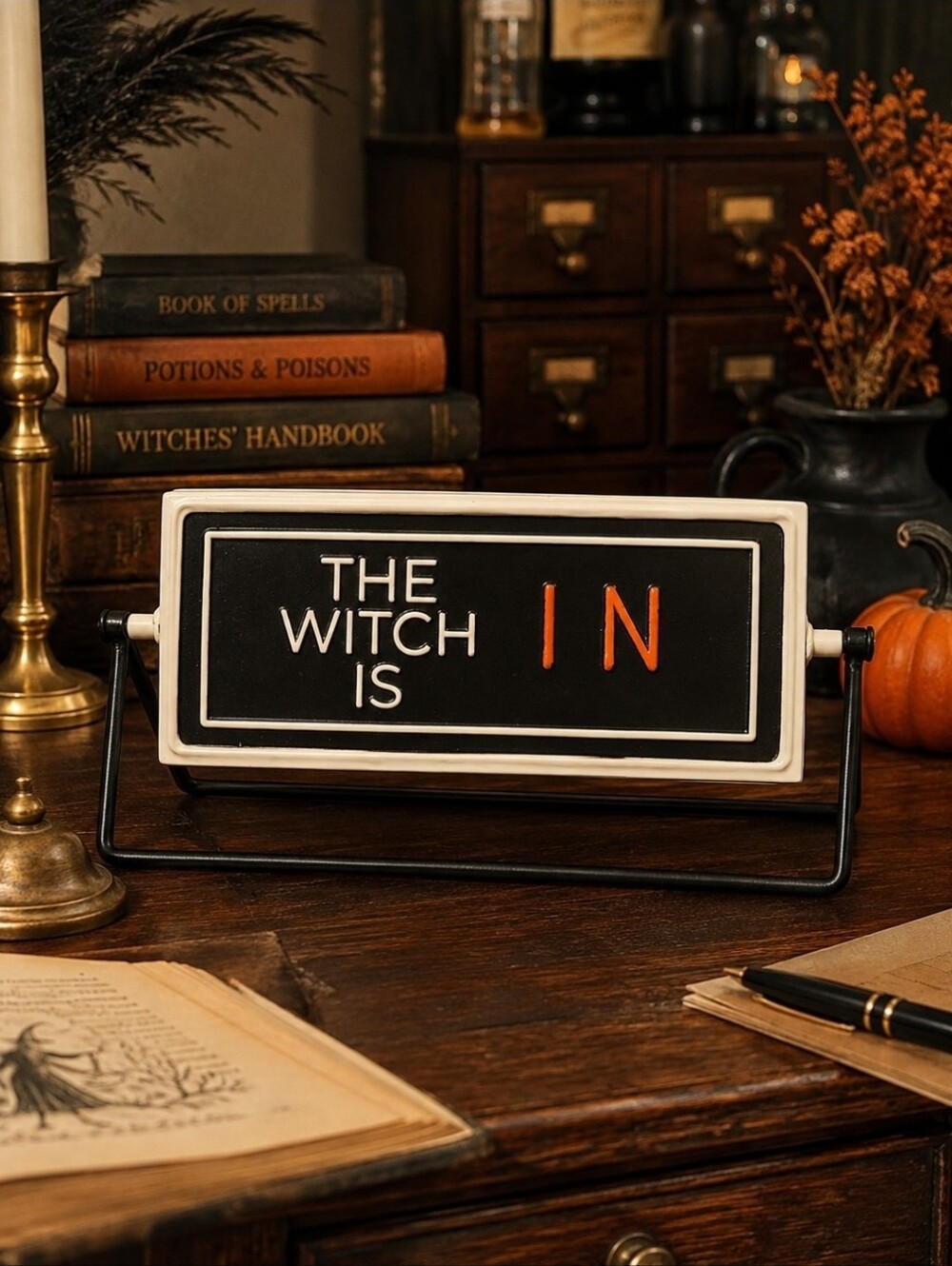 The Witch Is In Out Metal Flip Sign Retro Halloween Tabletop Desk Decor